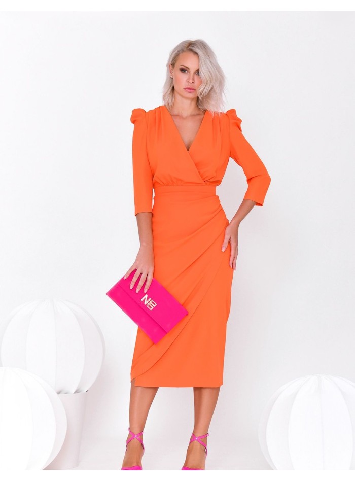 Plain crossover midi dress with French sleeves