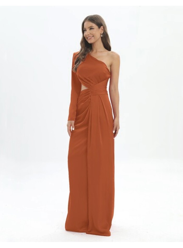 Long evening dress with one sleeve and side cut-out