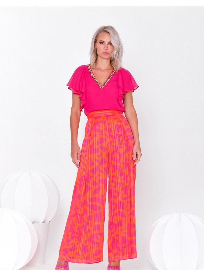 Pleated pleated palazzo trousers with glitter and print