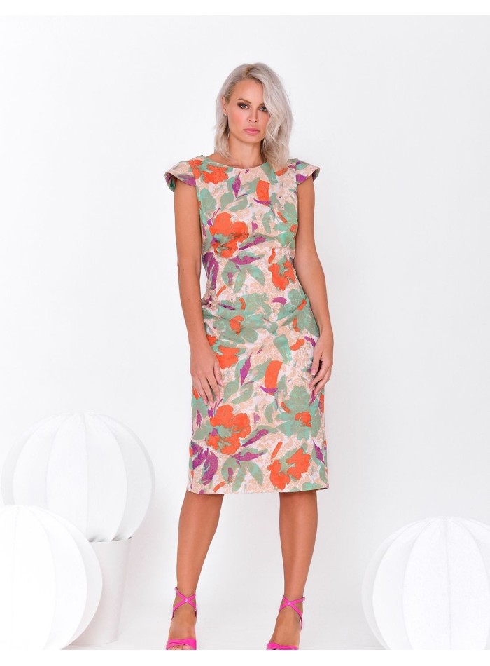 Robe de cocktail à imprimé tropical avec encolure fermée