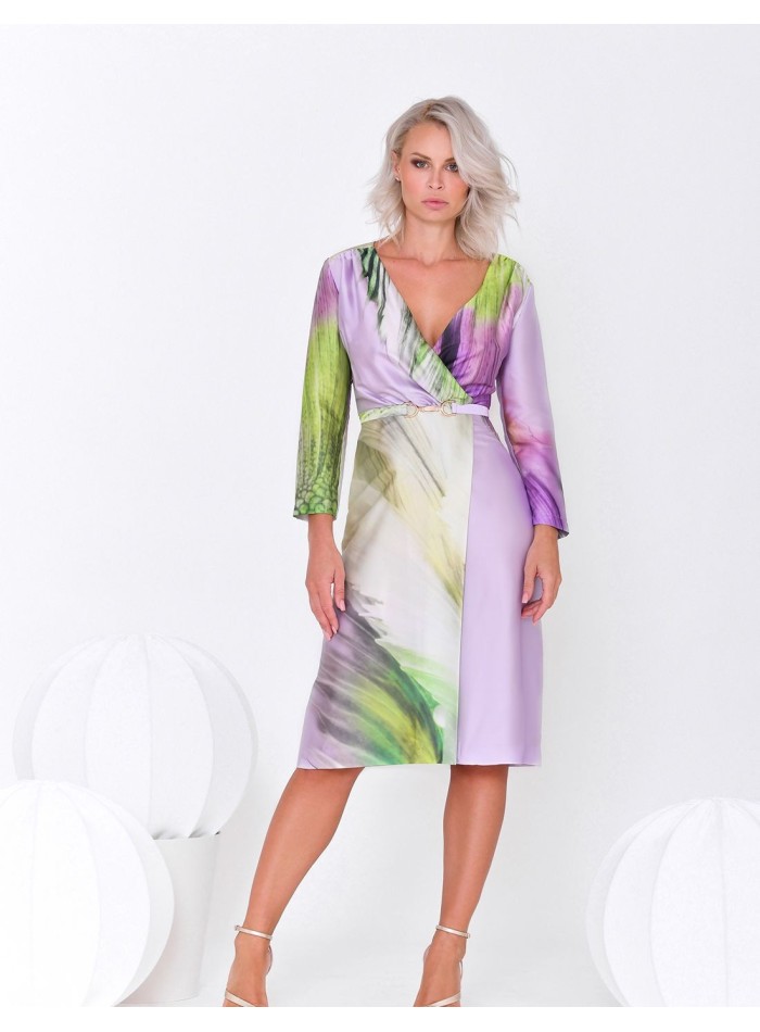 Robe de cocktail croisée à imprimé mauve et vert