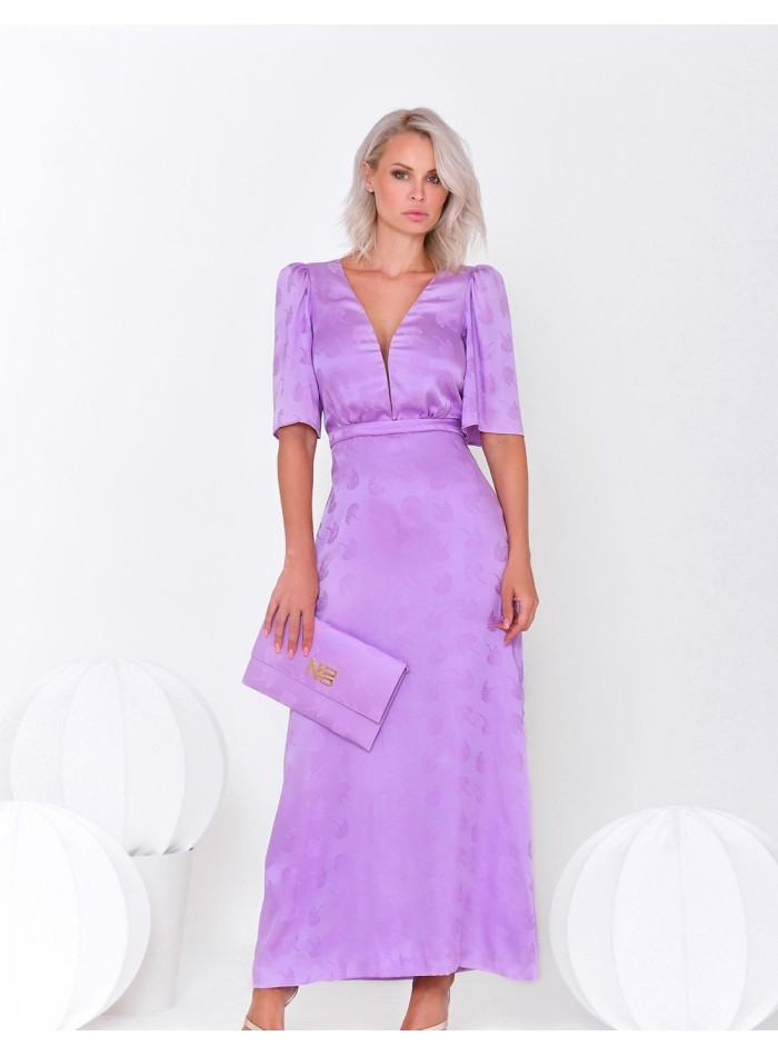 Mauve midi dress with neckline and short sleeves
