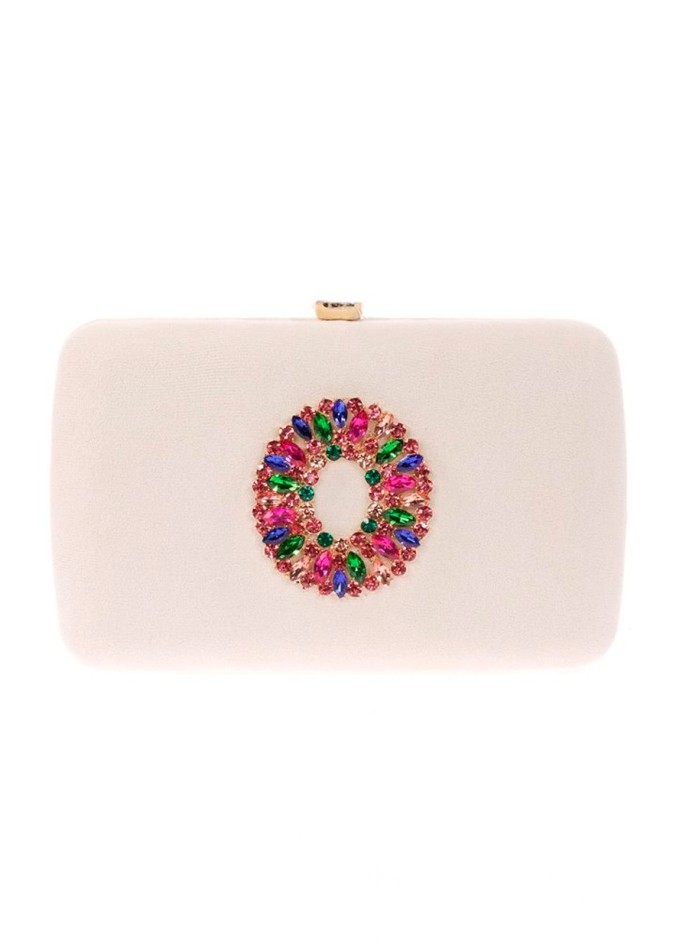 Sac de fête en daim avec broche en bijoux multicolores