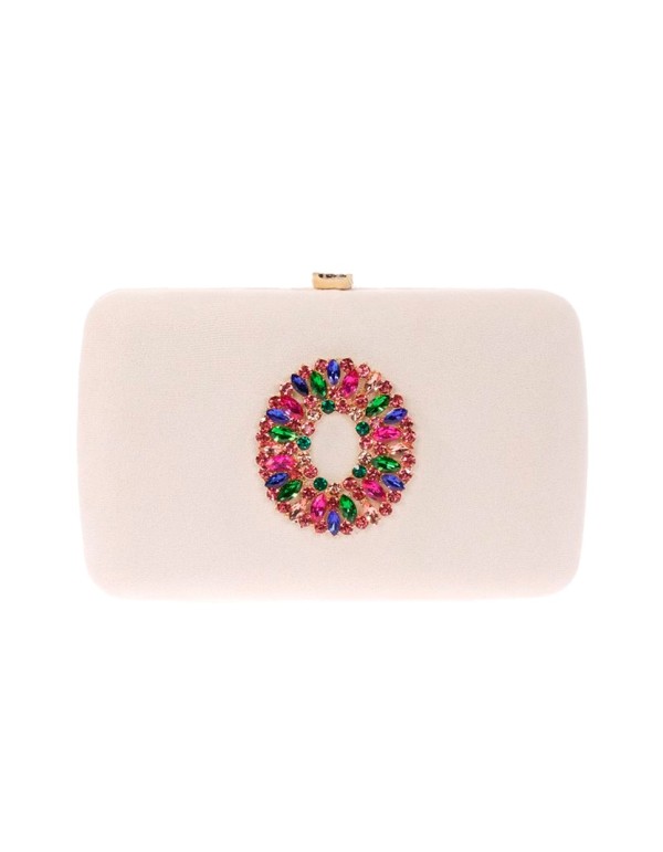 Suede evening clutch bag with multicoloured jewelled brooch 2