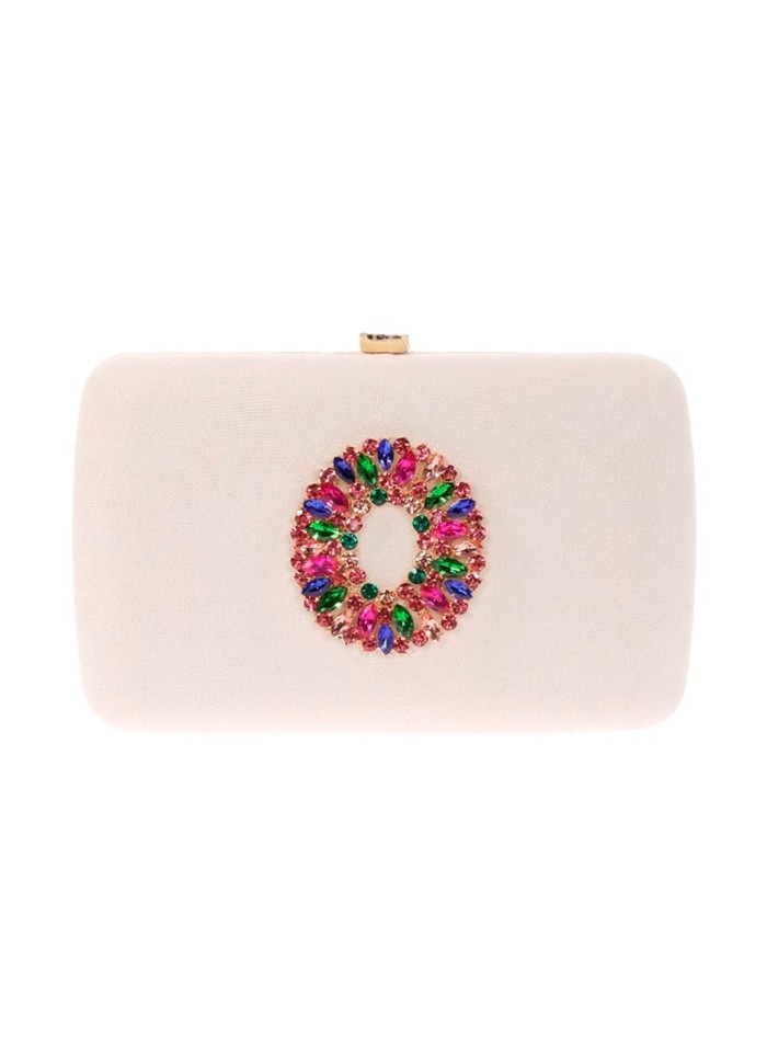 Suede evening clutch bag with multicoloured jewelled brooch