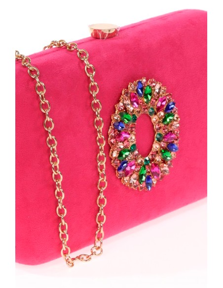 Suede evening clutch bag with multicoloured jewelled brooch
