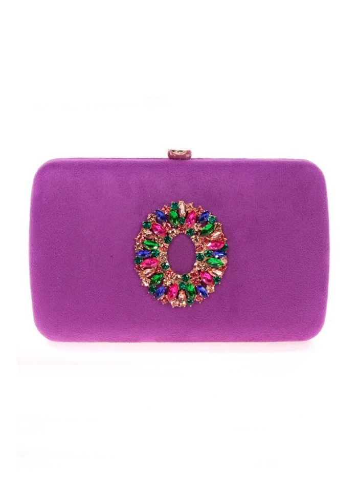 Suede evening clutch bag with multicoloured jewelled brooch