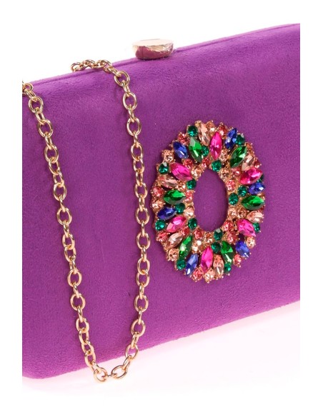 Suede evening clutch bag with multicoloured jewelled brooch