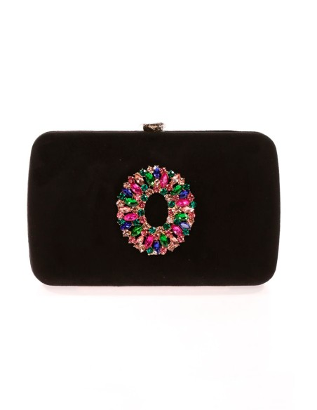 Suede evening clutch bag with multicoloured jewelled brooch