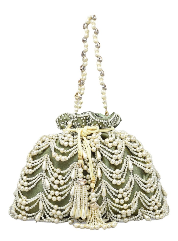 Green pearl and jeweled handle potli bag for guests