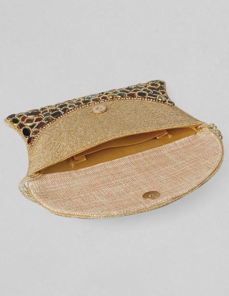 Bolso de mano con pedrería cosida a mano dorado para invitada