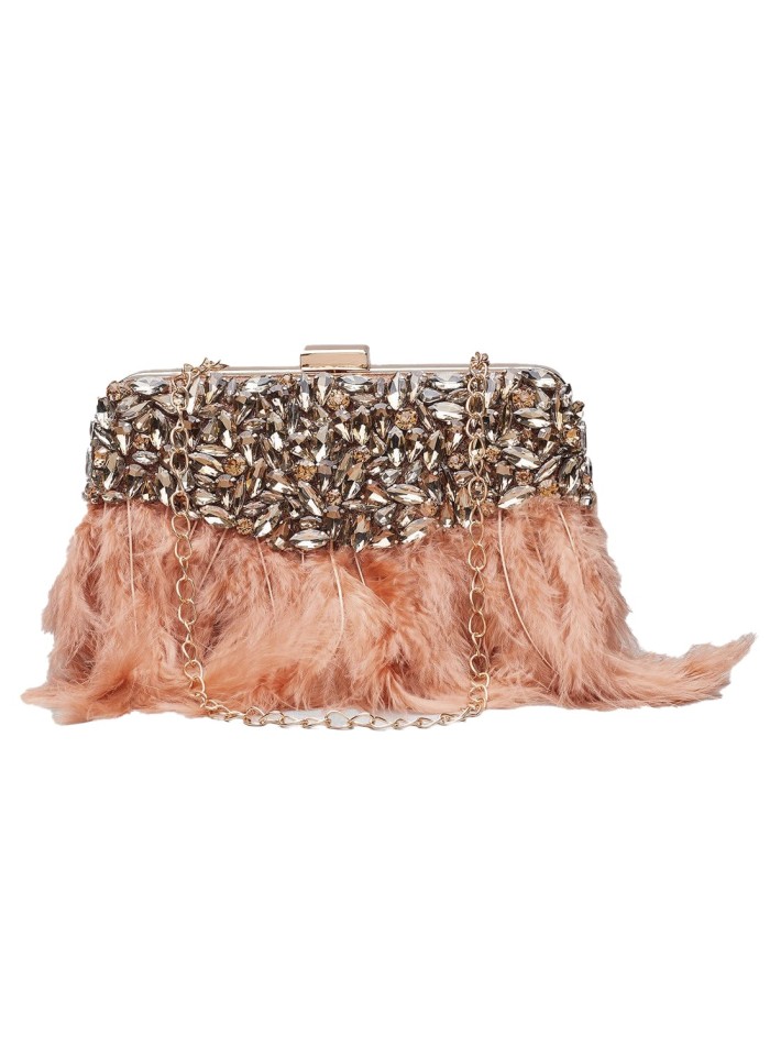 Party handbag with crystals and feathers perfect to give a touch to the look.