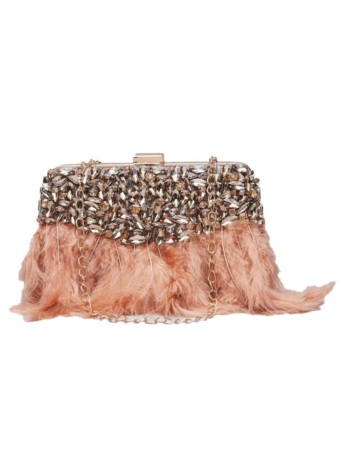 Bolso de fiesta con cristales y plumas perfecto para darle un toque al look.