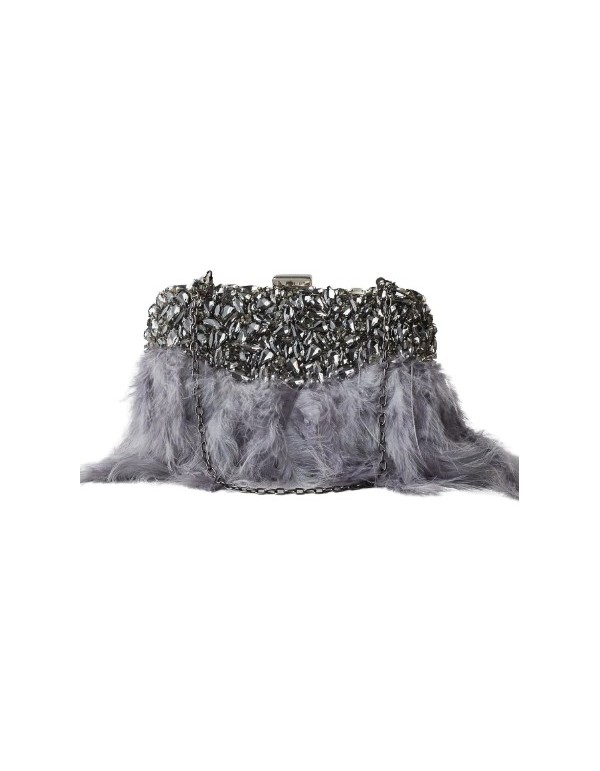 Bolso de fiesta con asa y pedrería con plumas en color plata.