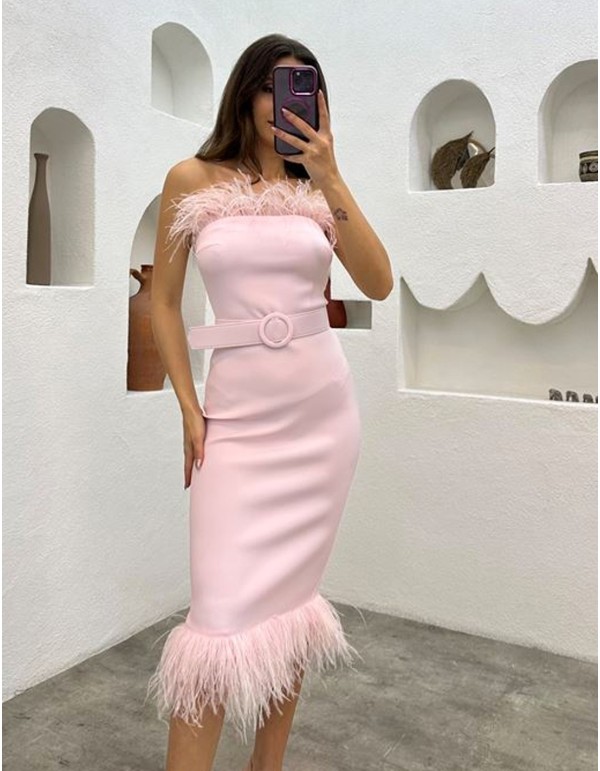 Midi party dress with feather detail and belt for events