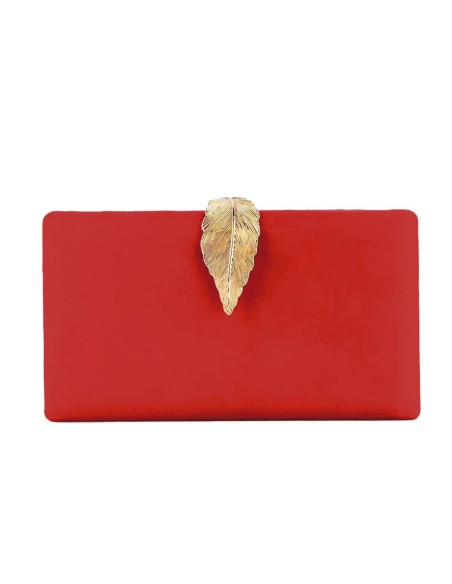 Rectangular suede party bag with metallic gold leaf brooch.