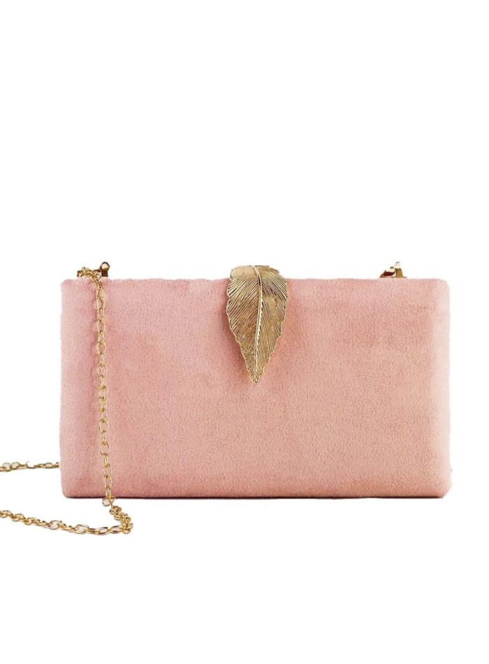 Rectangular pink suede party bag that can be used as a handbag or shoulder bag.