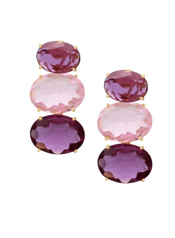 Party earrings with three natural oval stones in pink tones.