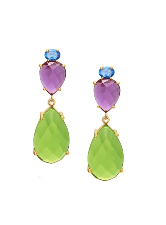 Party earrings with three hydrothermal stones amethyst, blue topaz and green chalcedony in 925 sterling silver.