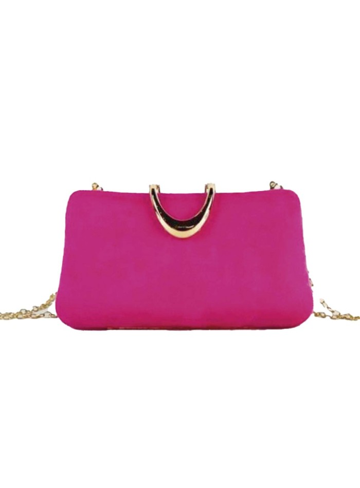 Bolso de fiesta rectangular de antelina en color fucsia con cierre dorado metalizado.