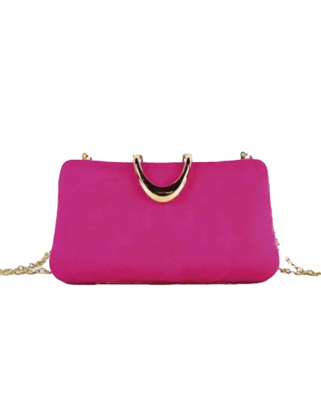 Bolso de fiesta rectangular de antelina en color fucsia con cierre dorado metalizado.