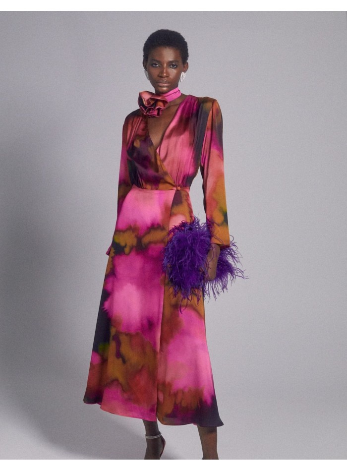 Silk printed midi party dress with crossover print