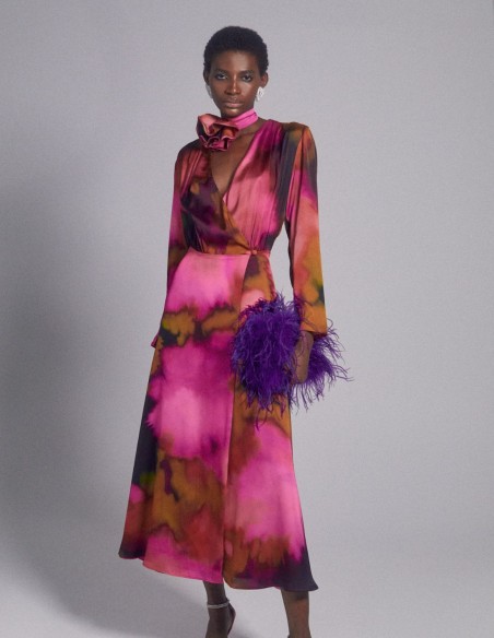 Silk printed midi party dress with crossover print