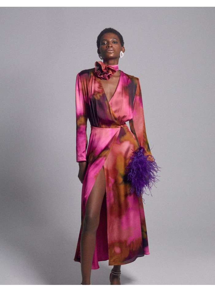 Vestido midi de fiesta cruzado estampado de seda