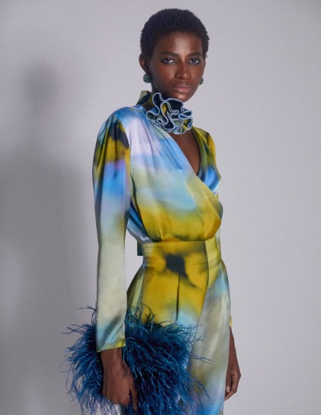 Long sleeve printed satin party blouse with long sleeves