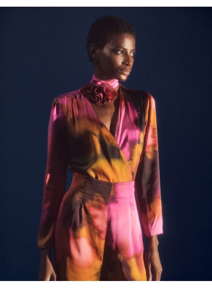 Satin party blouse with crossover neckline and...