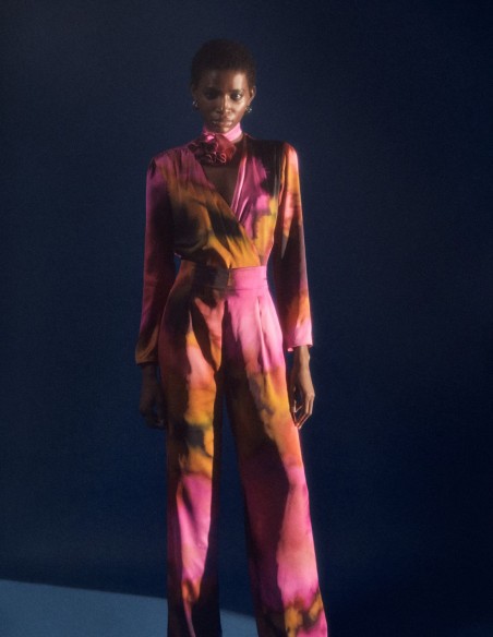 Satin printed high-waist long trousers