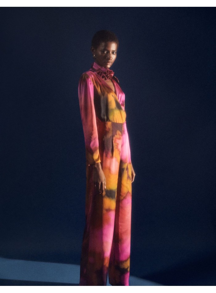 Satin printed high-waist long trousers