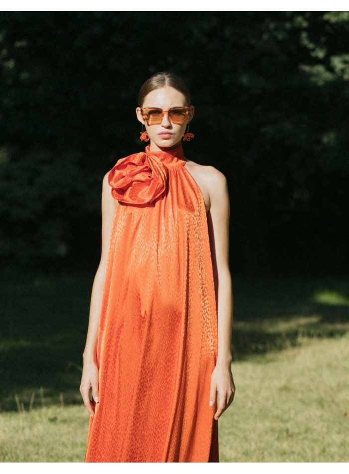 Orange midi party dress with floral embellishment