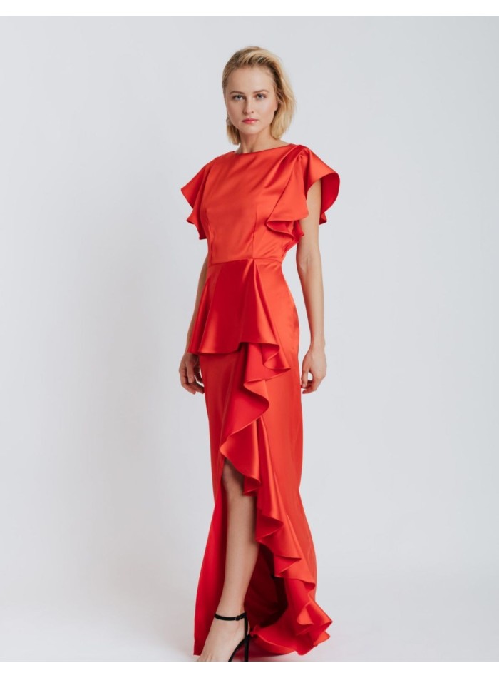 Long satin party dress with ruffles