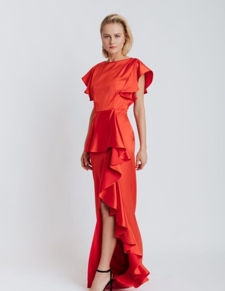 Long satin party dress with ruffles