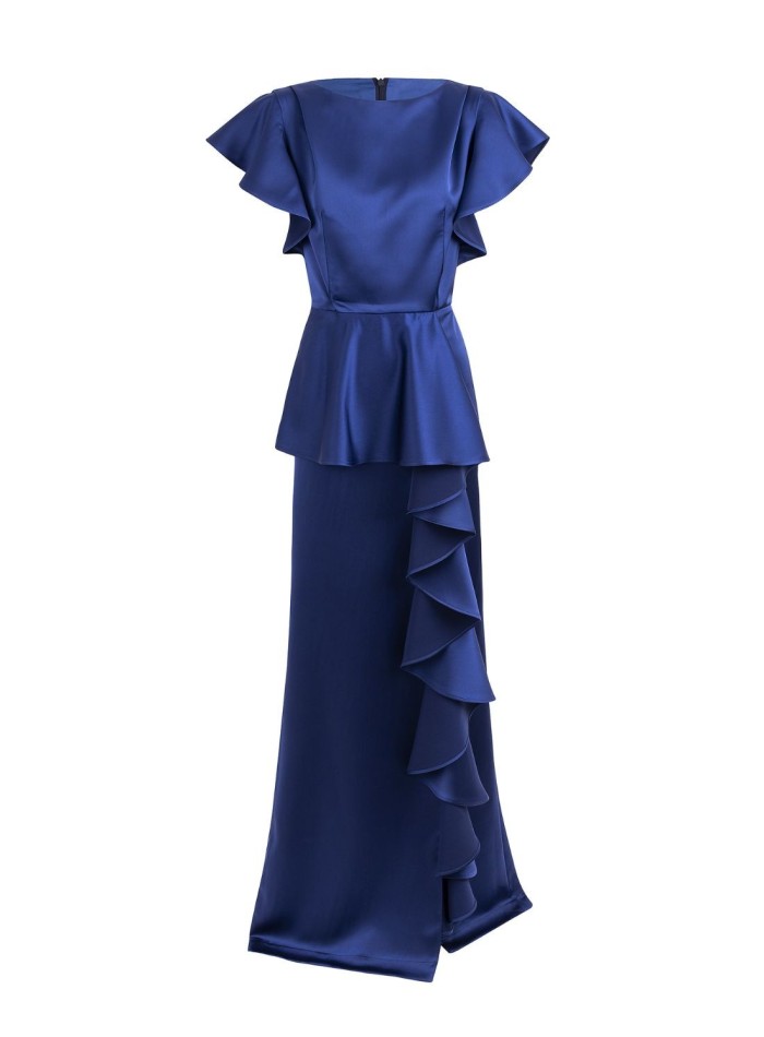 Long satin party dress with ruffles