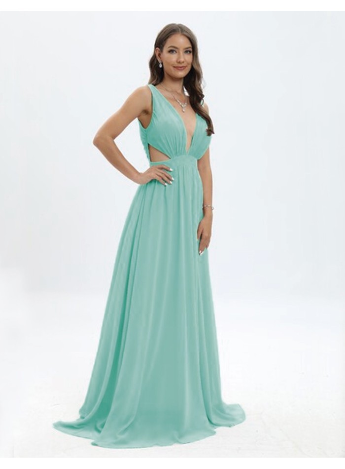 Evening dress with deep V-neckline and cut-out sides blue