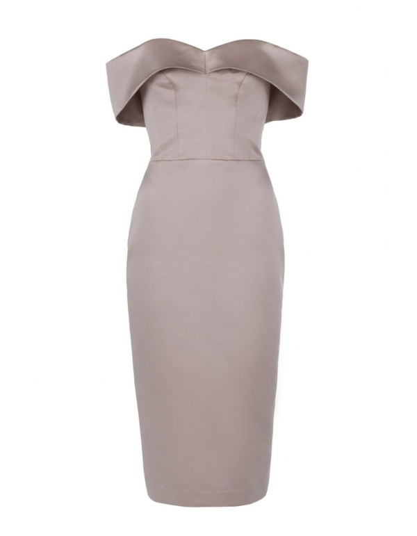 Robe de soirée midi avec encolure bardot