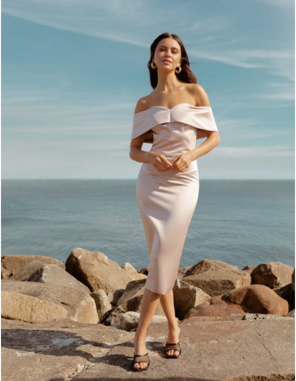 Robe de soirée midi avec encolure bardot