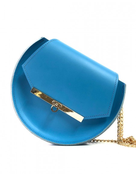 Bolso de piel azul celeste con detalles de abejas y cadena larga de Angela Valentine.