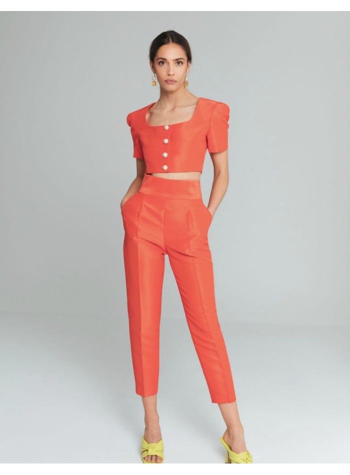 Short sleeve crop top with pearl buttons