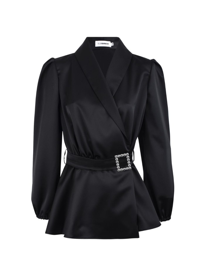 Satin double breasted blazer with a jeweled belt