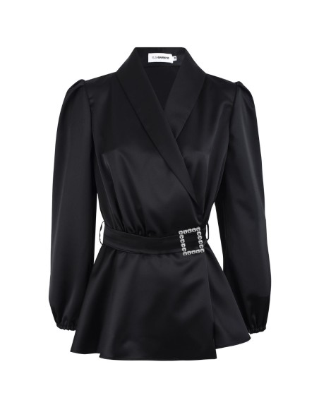 Satin double breasted blazer with a jeweled belt