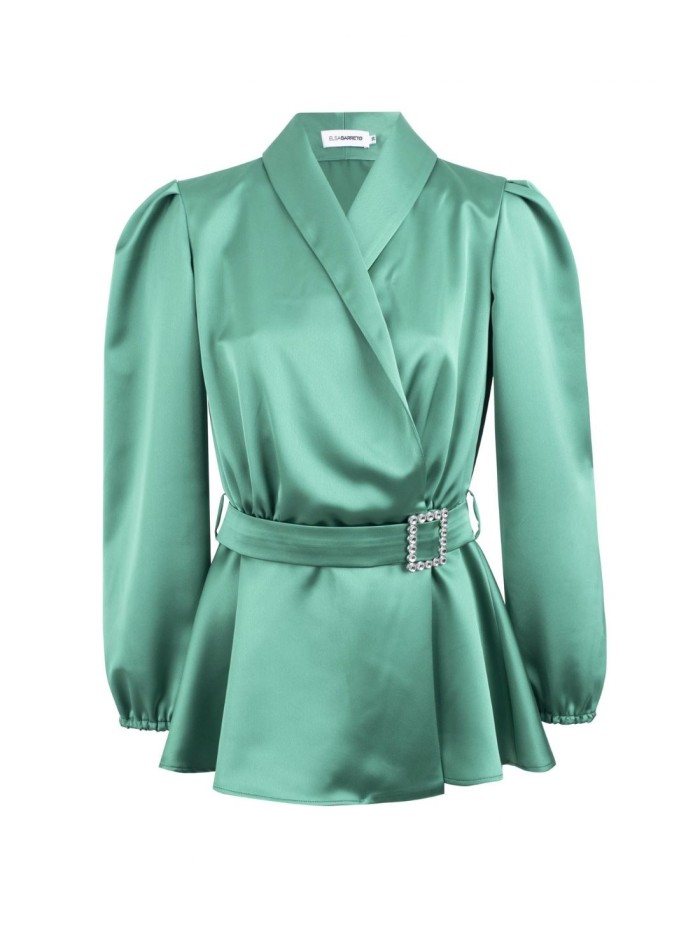 Satin double breasted blazer with a jeweled belt