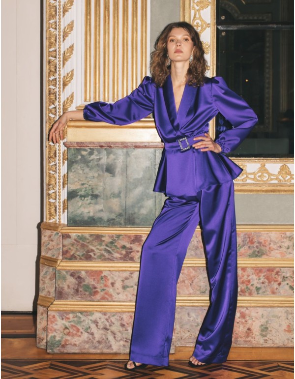 Pantalon long en satin avec ceinture haute