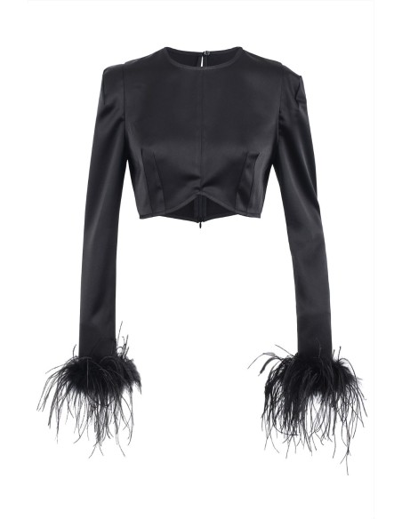 Crop-top satin with long sleeves and feathers
