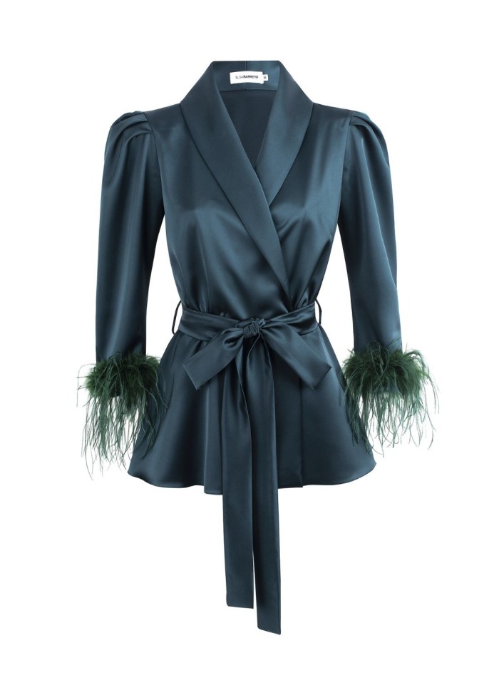 Black crossover blouse with lapels and feathers