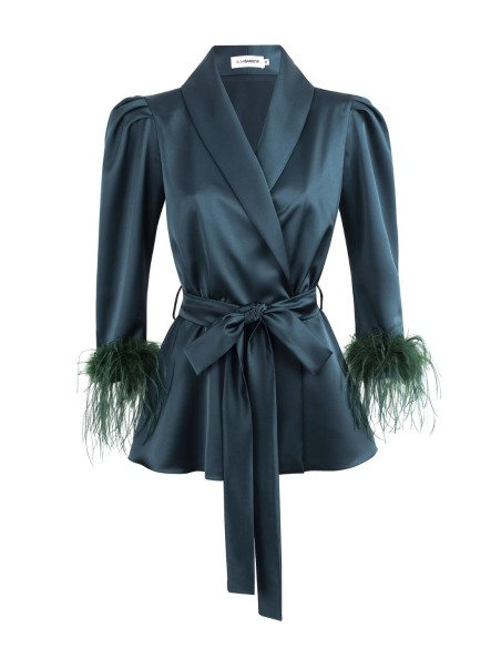 Black crossover blouse with lapels and feathers