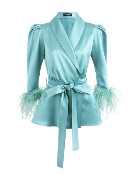 Black crossover blouse with lapels and feathers