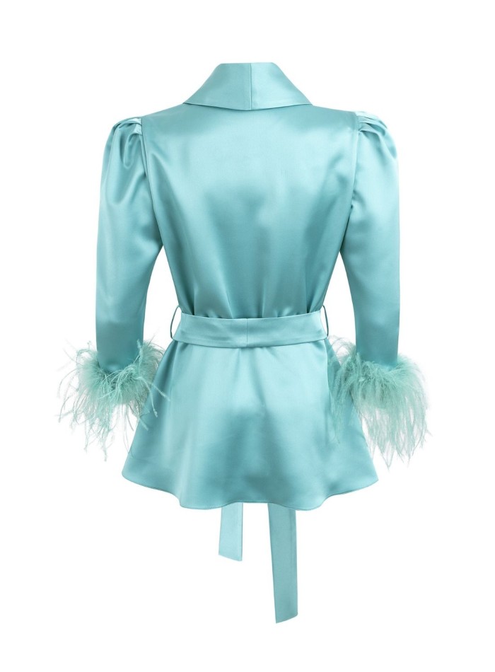 Black crossover blouse with lapels and feathers